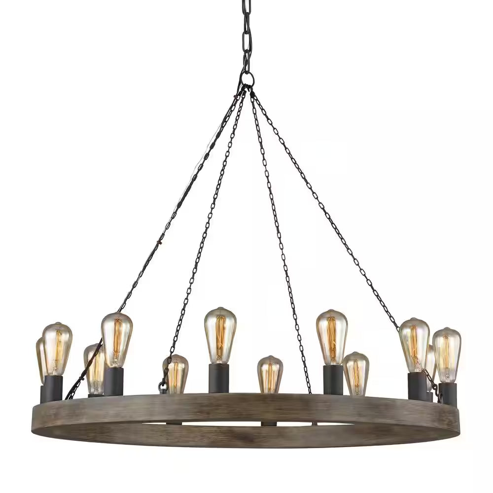 Studio Avenir 12-Light Weathered Oak Wood and Antique Forged Iron Rustic Farmhouse Wagon Wheel Candlestick Chandelier