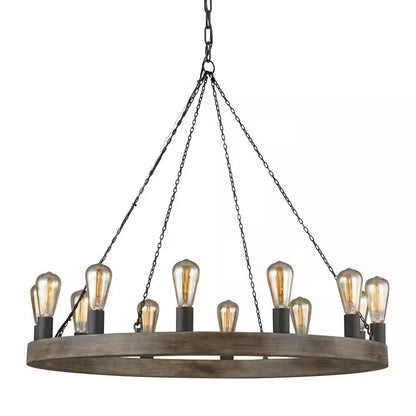 Studio Avenir 12-Light Weathered Oak Wood and Antique Forged Iron Rustic Farmhouse Wagon Wheel Candlestick Chandelier