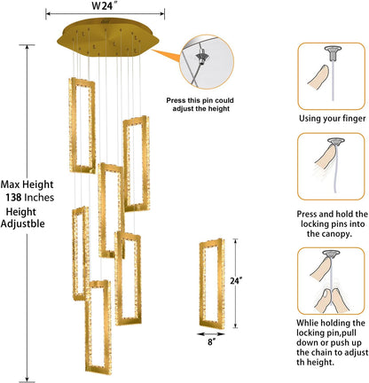 Modern Led Gold Chandelier Adjustable 6 Rings Crystal Chandelier for Living Room Foyer Stairwell Lighting High Ceiling Lamp Dimmable 2700K-6000K