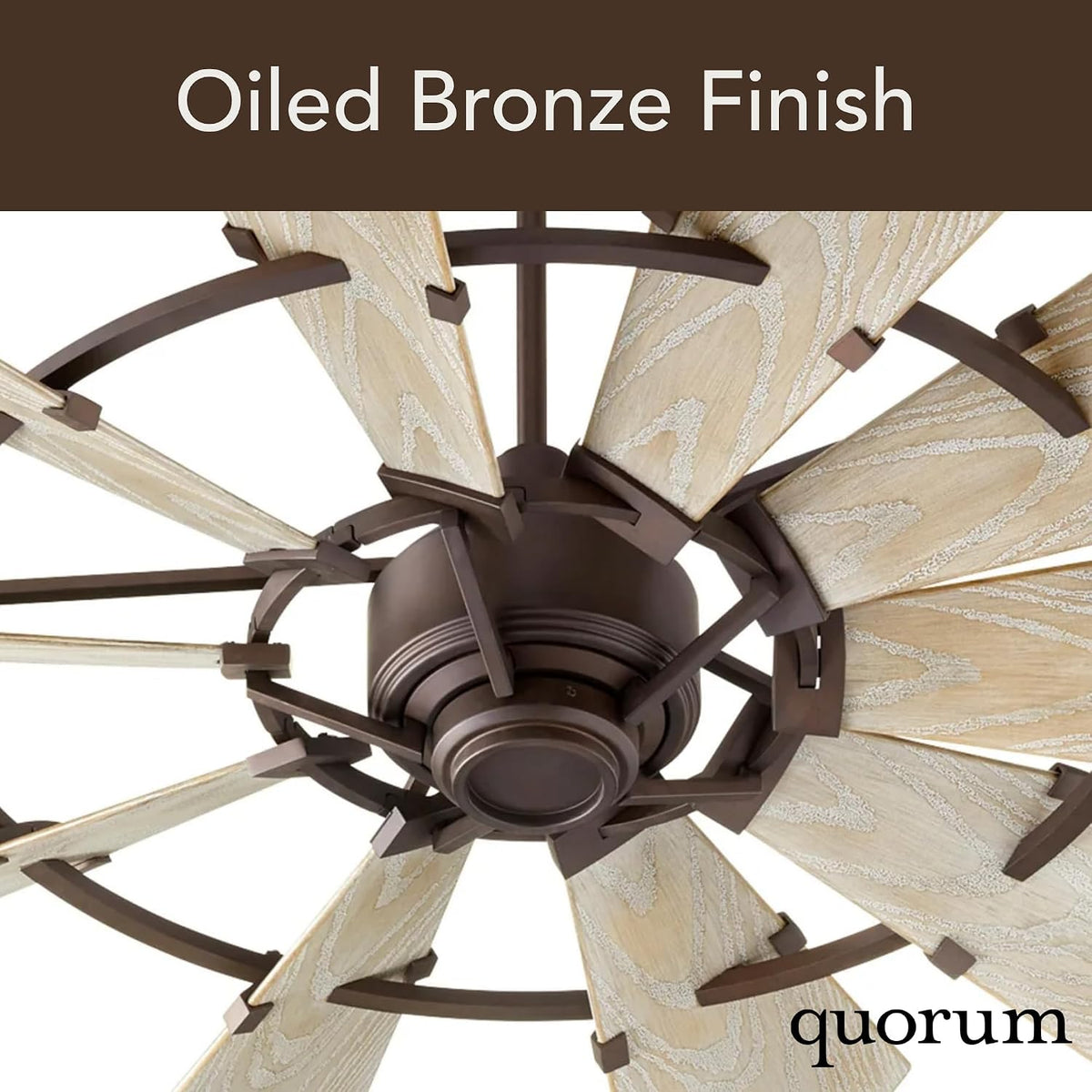 Quorum 95210-86 Windmill 52 Inch Ceiling Fan | 10 Blade Wagon Wheel Design | 6 Speed Reversible DC Motor | Remote Control Included | Dry Rated Indoor Fan | Weathered Oak Blades | Oiled Bronze Finish