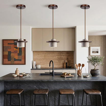 Yellow Travertine Ring Pendant Light, Walnut Wood Wabi Sabi Chandelier