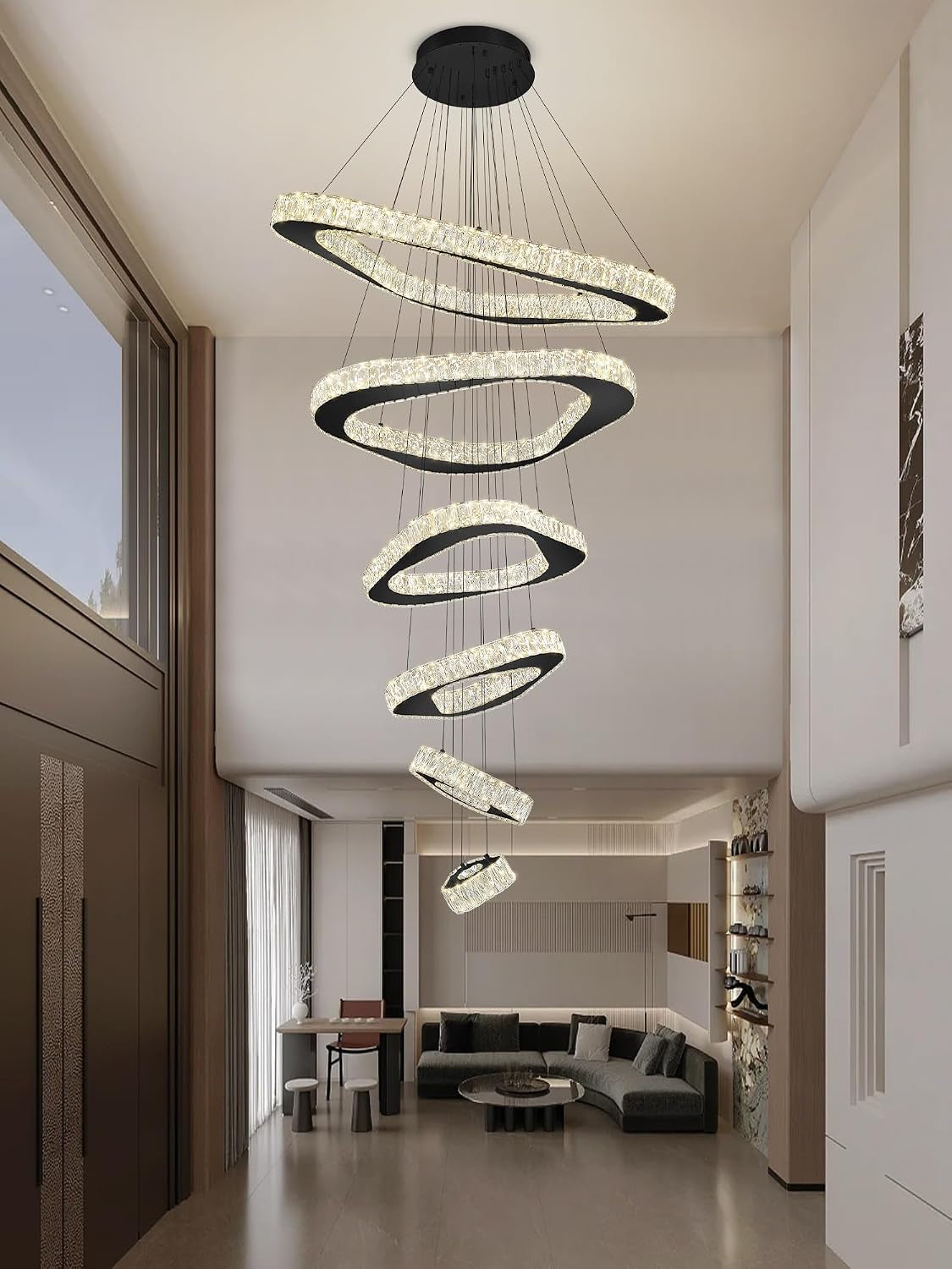 Modern Crystal Chandeliers for High Ceiling 6 Ring Chandelier LED Black Ceiling Lights Fixtures High Ceiling Chandelier for Foyer Staircase Living Room Dining Room 2700K-6000K