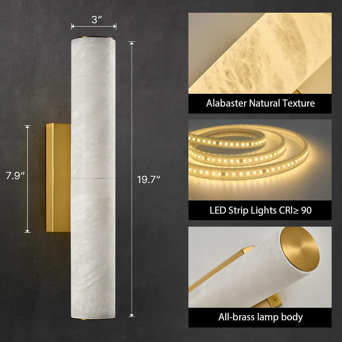 Natural Alabaster Brass Wall Sconce: Set of 2 Marble Stone Vanity Sconces