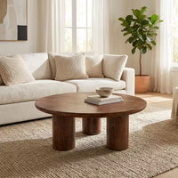 36 In. Dark Brown round Wood Scandinavian Coffee Table with Cylindrical Legs