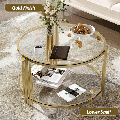 Koase Modern Mirror Coffee Table with Asymmetrical Gold Metal Base, 31.5" round Glass Top Center Accent Table, Circular Drum Design and Lower Display Shelf, Living Room Decor, Transparent