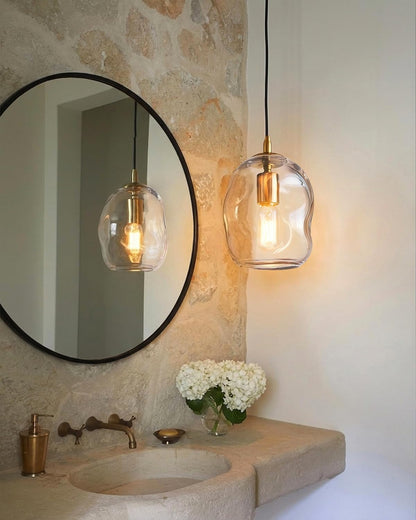 Glass Pendant Light, Brass Gold,Organic Globe 8 Inch H
