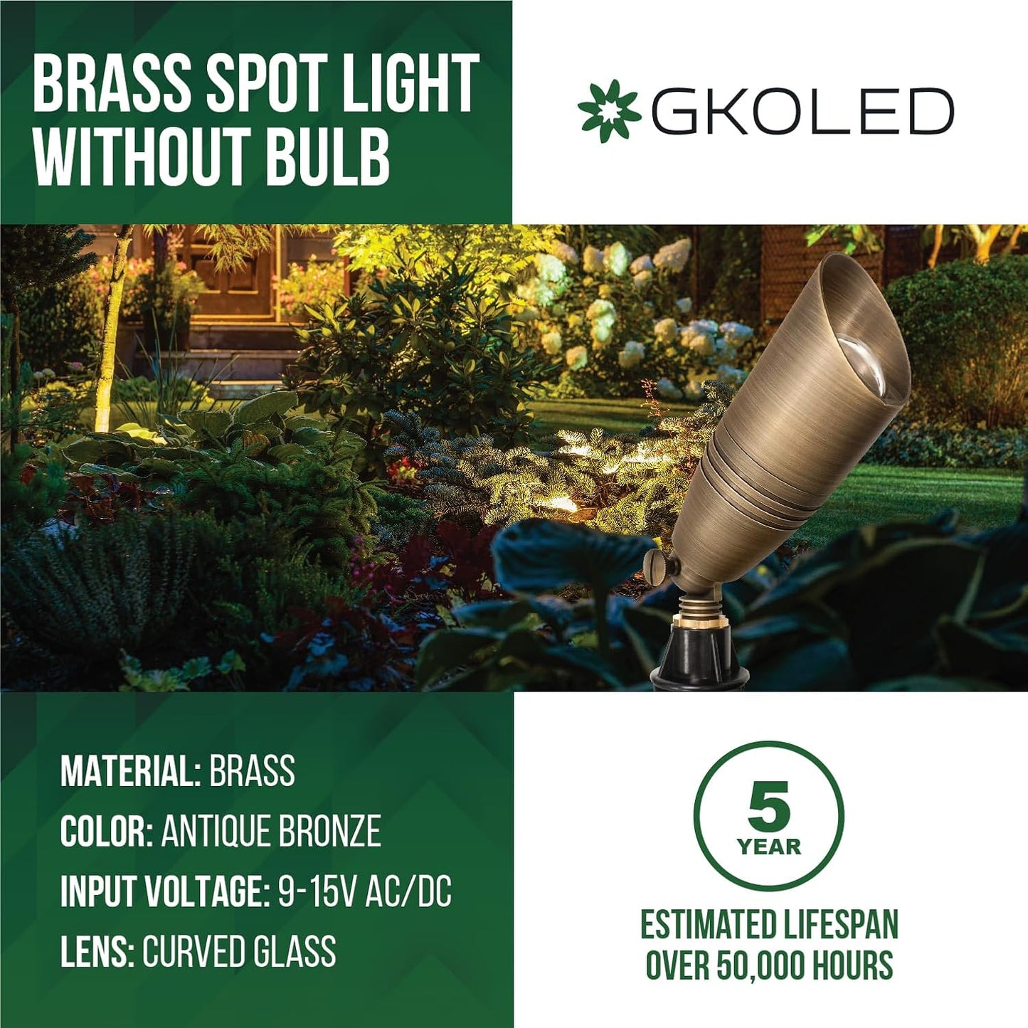 6 Pack Solid Brass Landscape Spotlight, 12V AC/DC Outdoor Low Voltage Landscape Lights, Garden Patio Trees Spot up Light, Directional LED Uplight Waterproof Fixture with ABS Spike, No MR16 Bulb