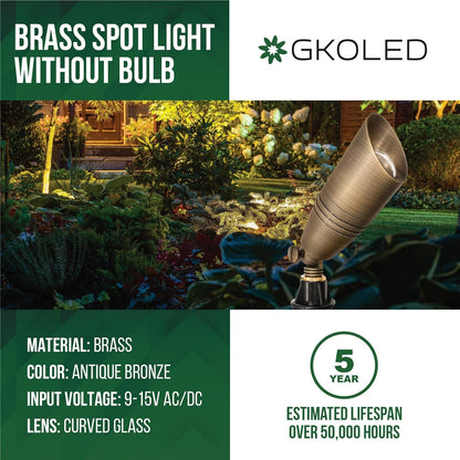 6 Pack Solid Brass Landscape Spotlight, 12V AC/DC Outdoor Low Voltage Landscape Lights, Garden Patio Trees Spot up Light, Directional LED Uplight Waterproof Fixture with ABS Spike, No MR16 Bulb