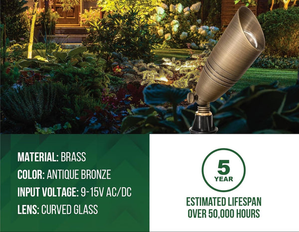 6-Pack Solid Brass Low Voltage Landscape Spotlight – Architectural Grade 12V AC/DC Directional LED Garden Uplight System, Waterproof Outdoor Tree & Patio Illumination Kit with ABS Ground Spike, MR16-Compatible Fixture Set