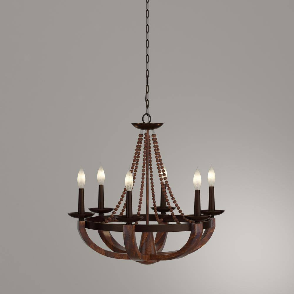 Adan 6-Light Rustic Iron/Burnished Wood Beaded Candlestick Hanging Chandelier with Carved Wood Bead Details