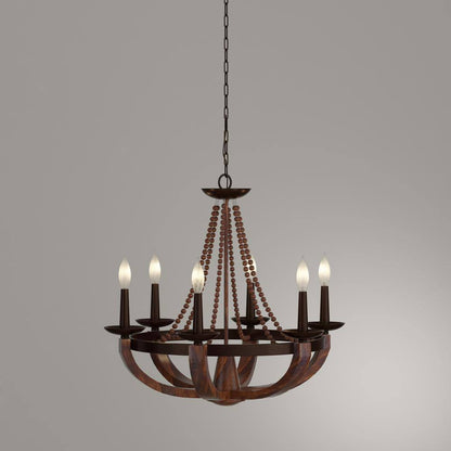 Adan 6-Light Rustic Iron/Burnished Wood Beaded Candlestick Hanging Chandelier with Carved Wood Bead Details
