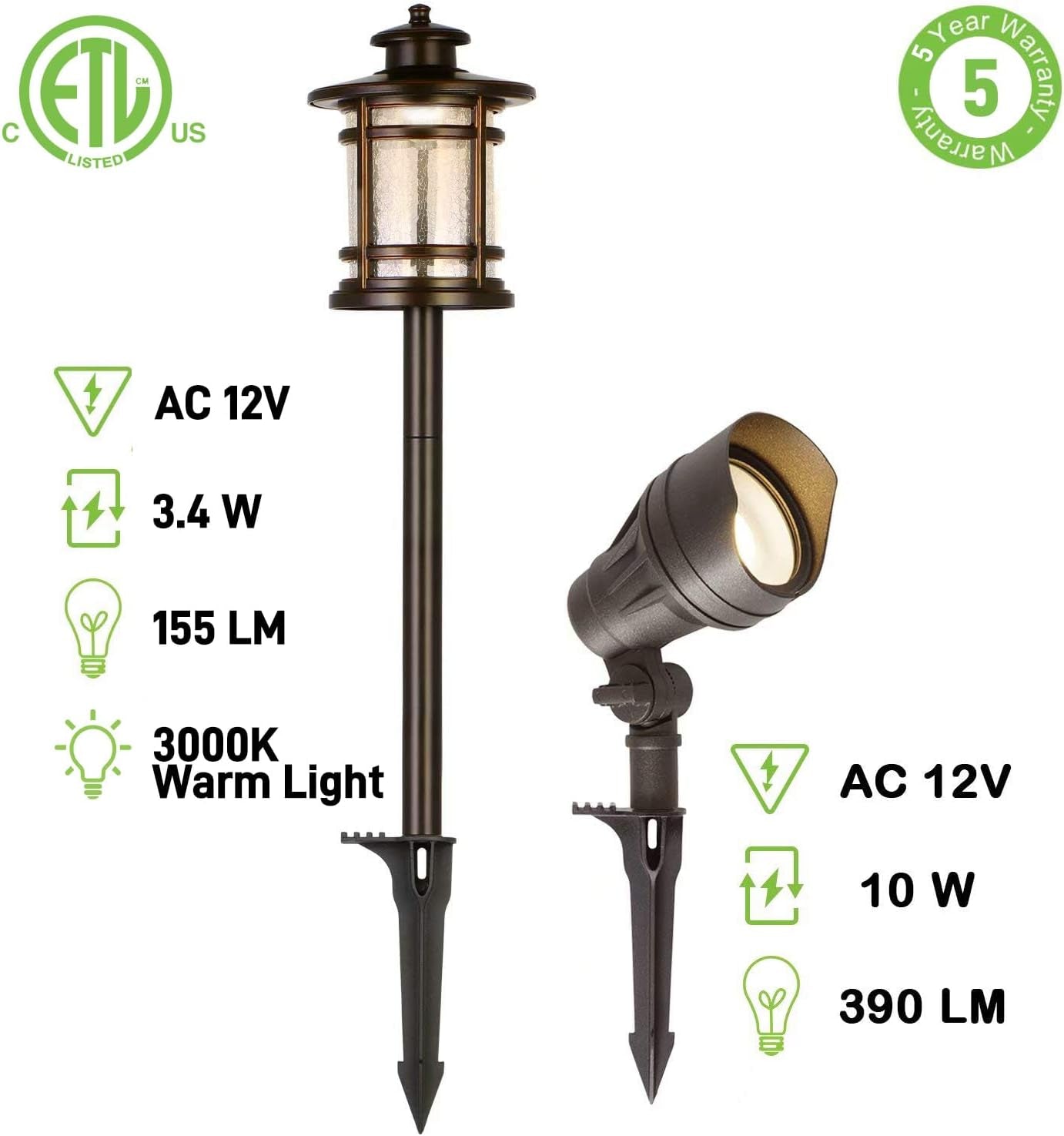 8 Pack Low Voltage LED Landscape Kits, 12V-15V Pathway Flood Light Kits, 10W 390LM and 3.4W 155LM Wired for Outdoor Yard Lawn, Die-Cast Aluminum, 50W and 30W Equivalent