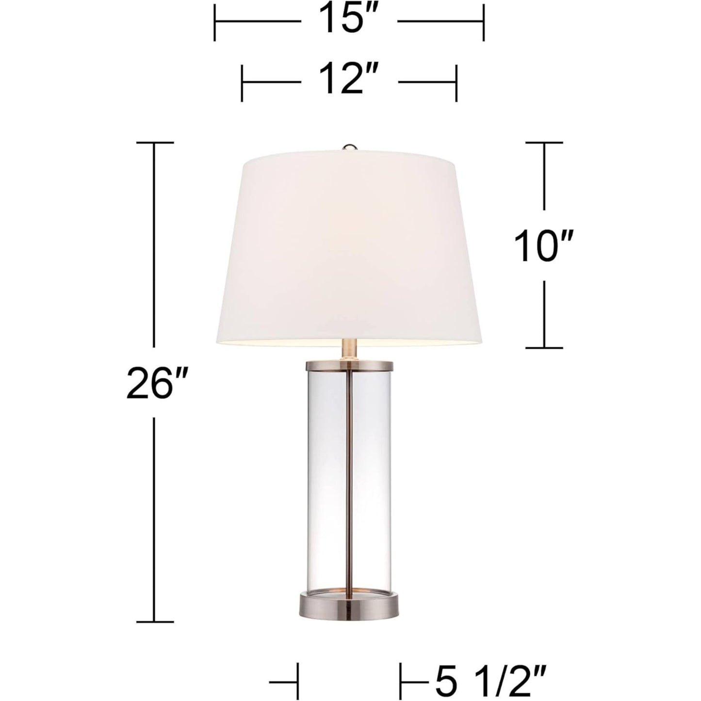 Modern Coastal Style Table Lamps 26" High Set of 2 Fillable Clear Glass Steel Metal White Empire Fabric Shade for Living Room Bedroom Beach House Bedside Nightstand Home Office
