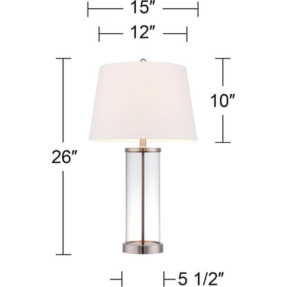 Modern Coastal Style Table Lamps 26" High Set of 2 Fillable Clear Glass Steel Metal White Empire Fabric Shade for Living Room Bedroom Beach House Bedside Nightstand Home Office