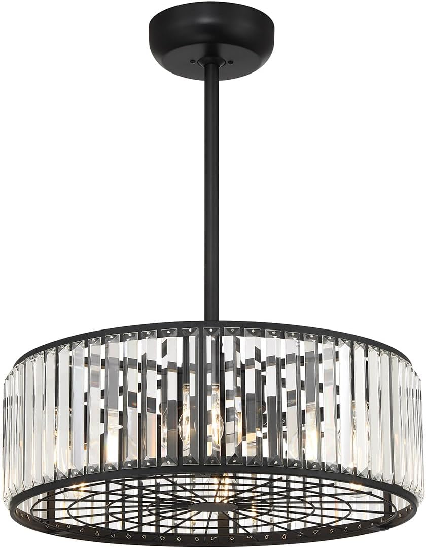 23-FD-245-322 Janus Luxe LED Chandelier Ceiling Fan with Light and Remote, Crystal Drum Fandelier with 6-Light 48 Total Watts, 10" H X 23" W, Matte Black