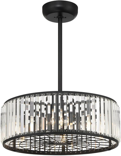 23-FD-245-322 Janus Luxe LED Chandelier Ceiling Fan with Light and Remote, Crystal Drum Fandelier with 6-Light 48 Total Watts, 10" H X 23" W, Matte Black