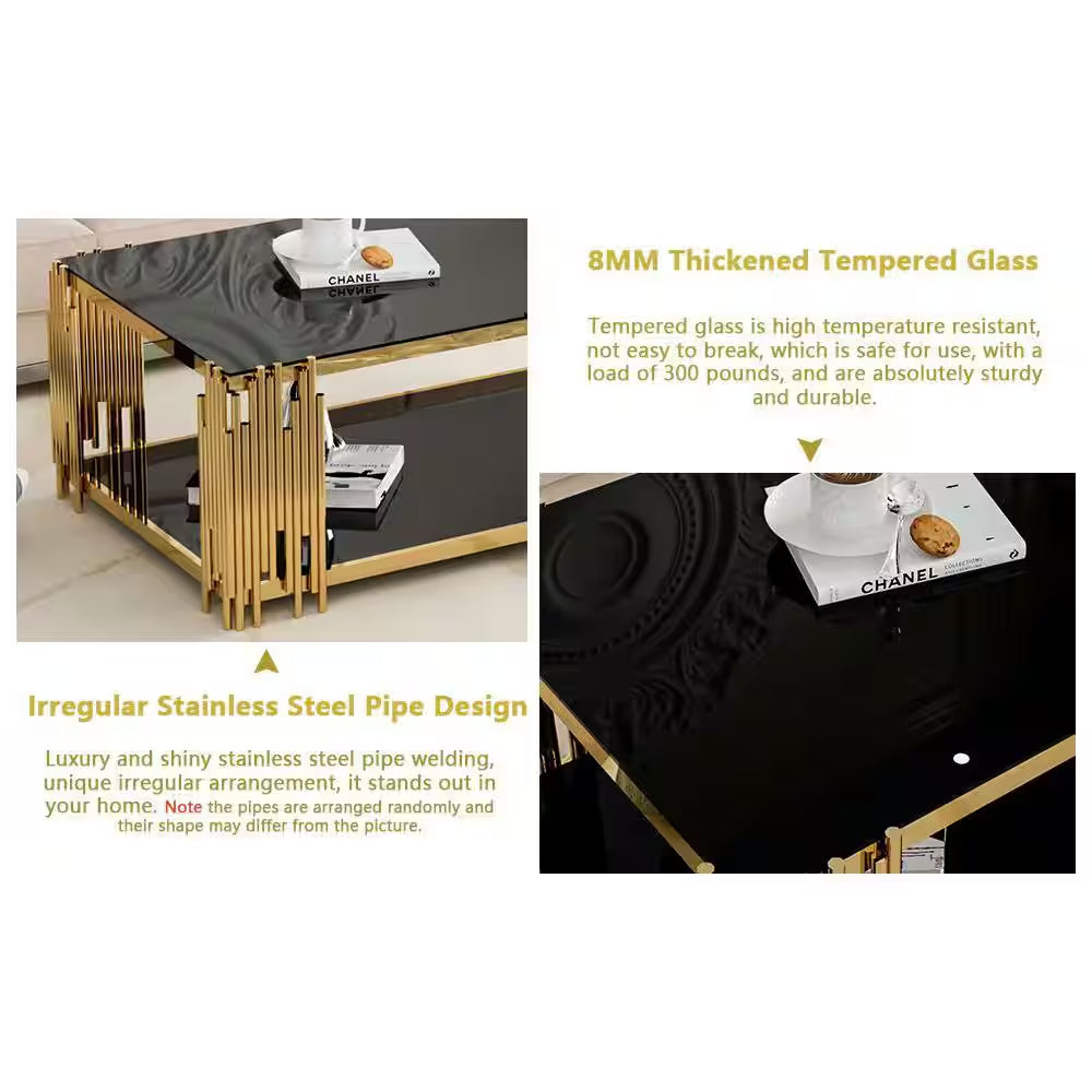 51 In. Black Rectangle Glass Coffee Table, Tempered Glass and Stainless Steel Legs, 2-Tier Center Table for Living Room