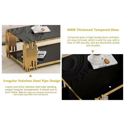 51 In. Black Rectangle Glass Coffee Table, Tempered Glass and Stainless Steel Legs, 2-Tier Center Table for Living Room