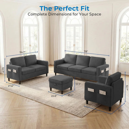 3 Piece Living Room Furniture Sets,L Shaped Sectional Sofa Set with Storage Ottoman,Modern Linen Fabric Couch for Apartment,Dark Gray