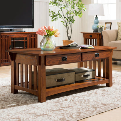 Leick Home Mission Solid Wood Coffee Table with Drawers and Shelf, Medium Oak Finish