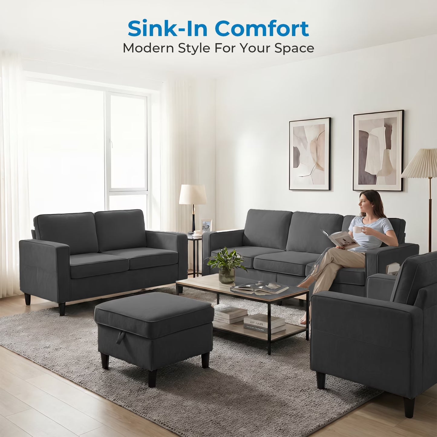 3 Piece Living Room Furniture Sets,L Shaped Sectional Sofa Set with Storage Ottoman,Modern Linen Fabric Couch for Apartment,Dark Gray