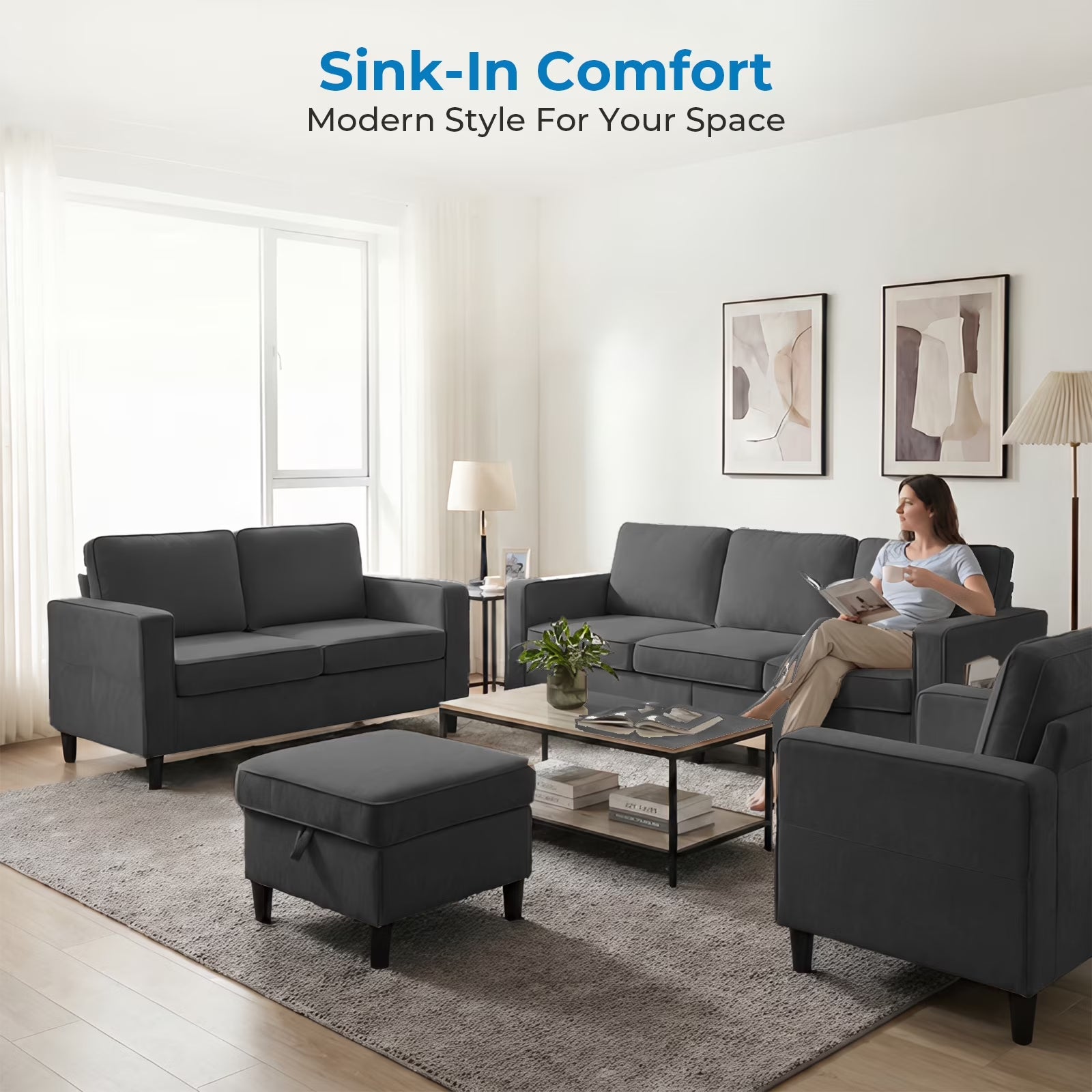 3 Piece Living Room Furniture Sets,L Shaped Sectional Sofa Set with Storage Ottoman,Modern Linen Fabric Couch for Apartment,Dark Gray