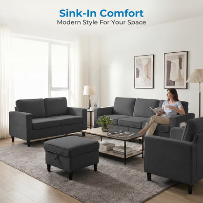 3 Piece Living Room Furniture Sets,L Shaped Sectional Sofa Set with Storage Ottoman,Modern Linen Fabric Couch for Apartment,Dark Gray
