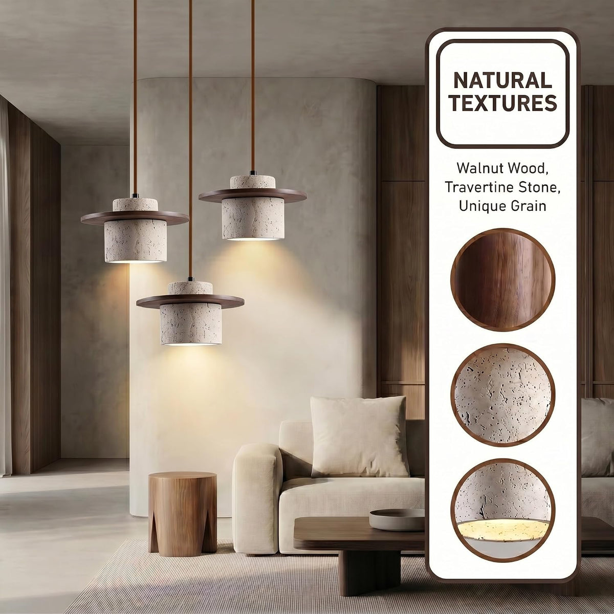 Yellow Travertine Ring Pendant Light, Walnut Wood Wabi Sabi Chandelier