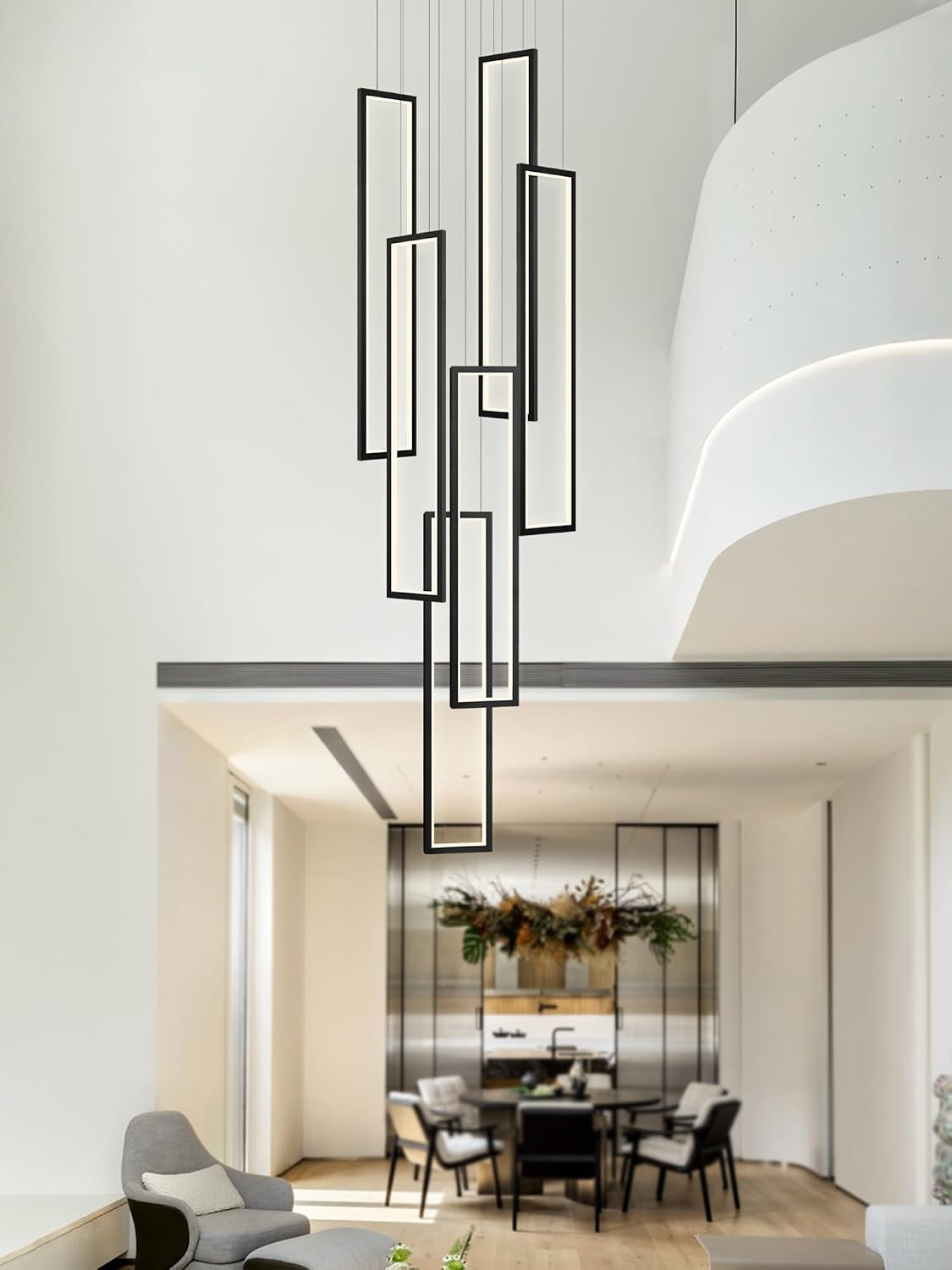 Modern Chandelier,Black Chandelier with 6 Ring Led Foyer Chandeliers,Larger High Ceiling Chandelier for Living Room,Square Chandelier for Entryway Staircase LED Dimming 2700K-6000K