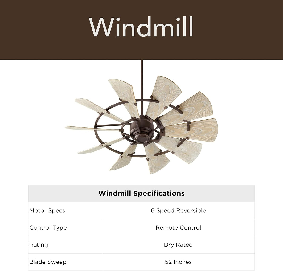 Quorum 95210-86 Windmill 52 Inch Ceiling Fan | 10 Blade Wagon Wheel Design | 6 Speed Reversible DC Motor | Remote Control Included | Dry Rated Indoor Fan | Weathered Oak Blades | Oiled Bronze Finish